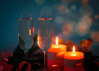 Drink. two glasses champagne Christmas background