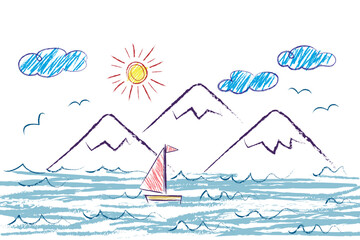 Sea, Mountains, Sailboat, Sun, clouds, seagulls - scribbles drawn by a child's hand with colored pencils. Seascape illustration isolated on white background