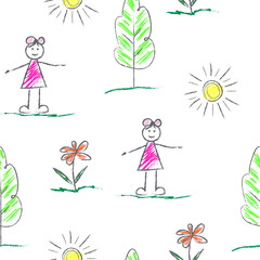Seamless pattern from doodle drawings drawn by child's hand in chalk on the asphalt or on a school blackboard - Sun, little girl, tree, flower. Multicolor simple risk mark on white background