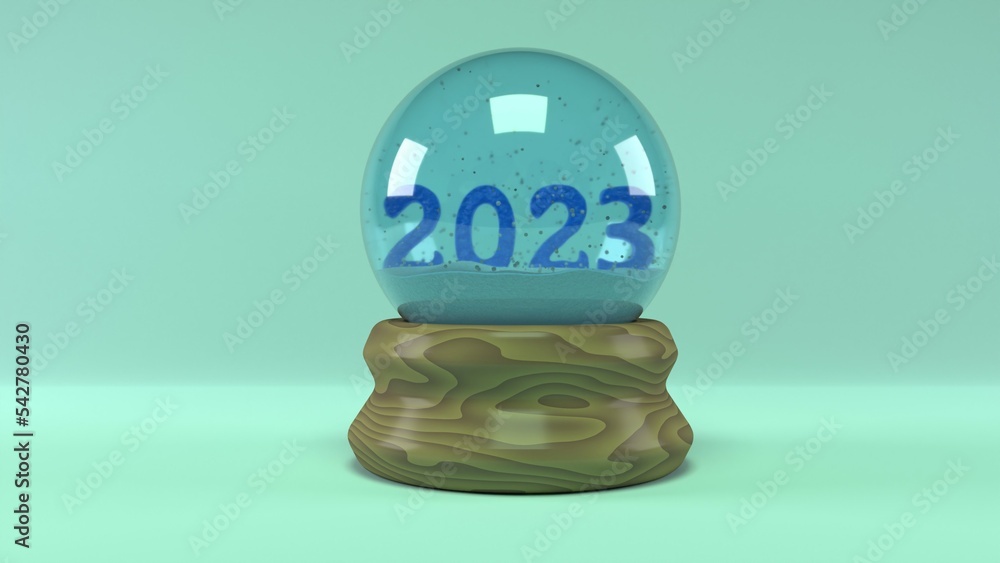 Poster 3d rendering of the new year's date 2023. the date 2023 is hidden inside a transparent crystal spher