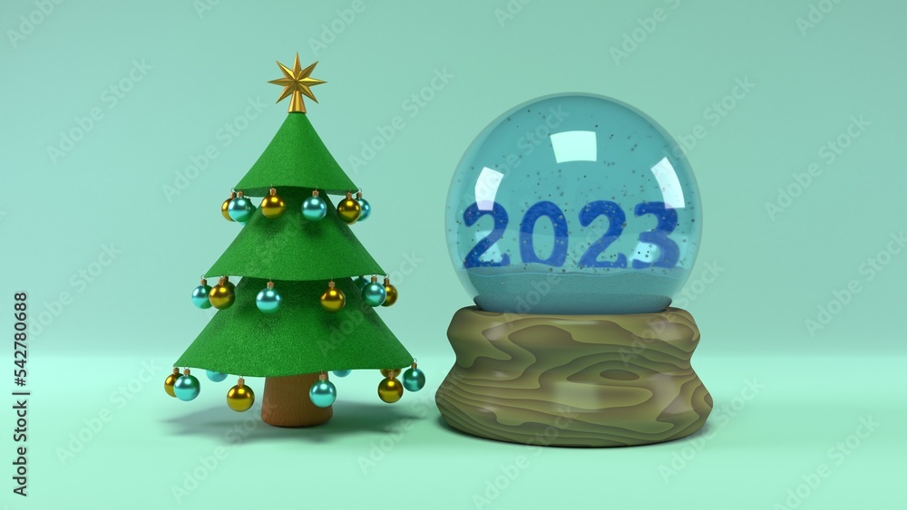 Poster 3d rendering of the new year's date 2023. the date 2023 is hidden inside a crystal sphere. there is 