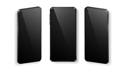 Mock up of realistic mobile phones in front and perspective view. Collection of phones with black frame and dark glossy screen isolated on white background. Vector device template for advertisement