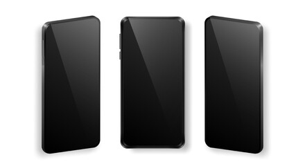 Mock up of realistic mobile phones in front and perspective view. Collection of phones with black frame and dark glossy screen isolated on white background. Vector device template for advertisement