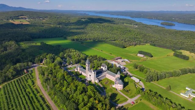 Abbaye de Saint Benoit du Lac aerial view on the Lake Memphremagog in Memphremagog County, Quebec QC, Canada.&nbsp;