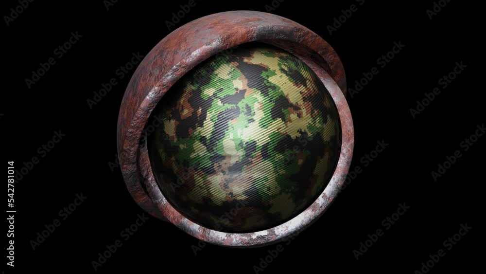 Poster realistic looping 3d animation of the spinning khaki camouflage carbon fiber sphere inside of two we