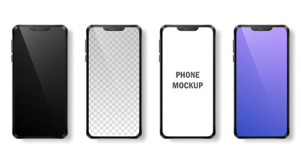 Mockup of four realistic phones with black frame and dark, purple gradient, white and transparent screens. Modern devices, mobile phones isolated on white background. Vector template for advertisement