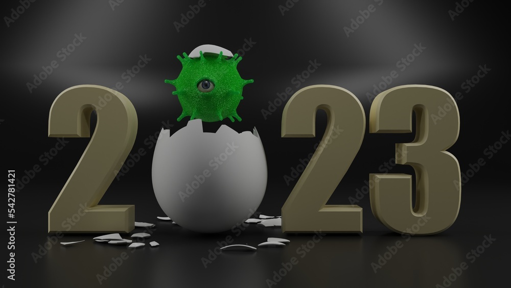 Poster 3d rendering of the new year's date 2023. an egg instead of zero. a one-eyed monster hatched from an