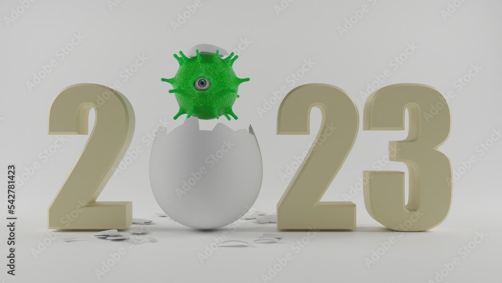 Poster 3d rendering of the new year's date 2023. an egg instead of zero. a one-eyed monster hatched from an