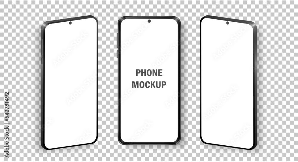 Wall mural mockup of realistic mobile phones in front and isometric view. collection of phones with black frame
