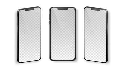 Mock up of realistic mobile phones in front and perspective view. Collection of phones with black frame and transparent screen isolated on white background. Vector device template for advertisement