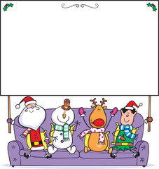 Cartoon of Santa, snowman, Rudolph the red-nosed reindeer and an elf sitting on a settee holding a blank sign.
