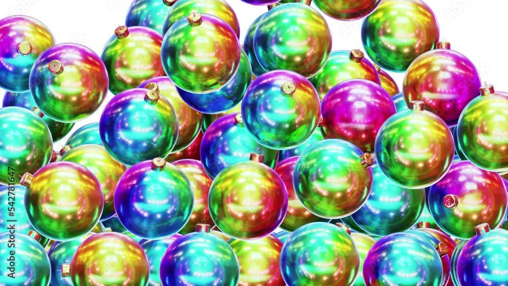 Poster realistic 3d animation of the colorful rainbow gradient glass christmas baubles falling from the top