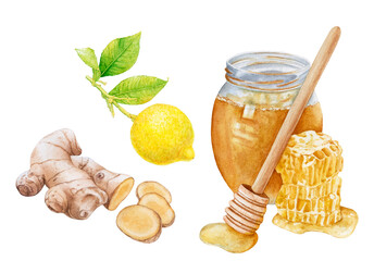Watercolor honey jar, honeycomb, lemon, ginger root isolated on white background.