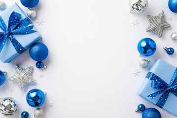 New Year concept. Top view photo of blue white silver baubles gift boxes with ribbon bows disco...