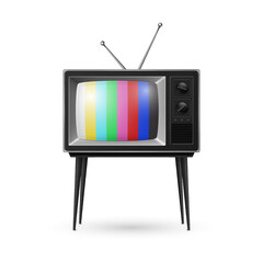 Vector 3d Realistic Retro Striped Screen TV Receiver Isolated on White Background. Home Interior Design Concept. Vintage TV Set, Television, Front View