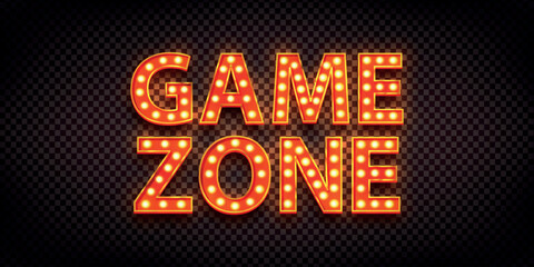 Vector realistic isolated neon marquee text of Game Zone on the transparent background. - obrazy, fototapety, plakaty