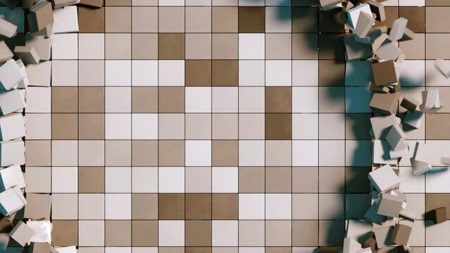 Abstract mosaic tile wall with flying 3D mosaic tiles from the inside of the wall. Design. Rectangular particles creating a circle shape and spreading all over the screen.