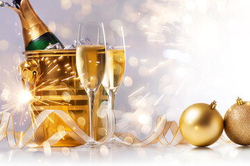 Merry Christmas and New Year greetings. Two champagne flutes, golden champagne bucket and christmas balls on bokeh background