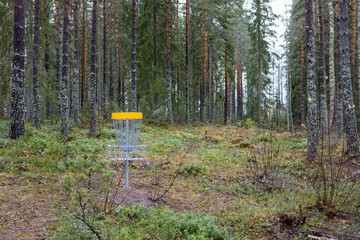 Disc golf basket in the woods of Sweden without people