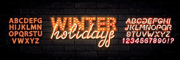 Vector realistic isolated neon marquee text of Winter Holidays logo with easy to change color alphabet font on the wall background. © comicsans