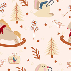 Winter seamless pattern with cute rabbit in a scarf, rocking horse in vintage style, Christmas tree, bright berries and flowers.Pattern can be used as textile, fabric, wallpaper, banner and other.