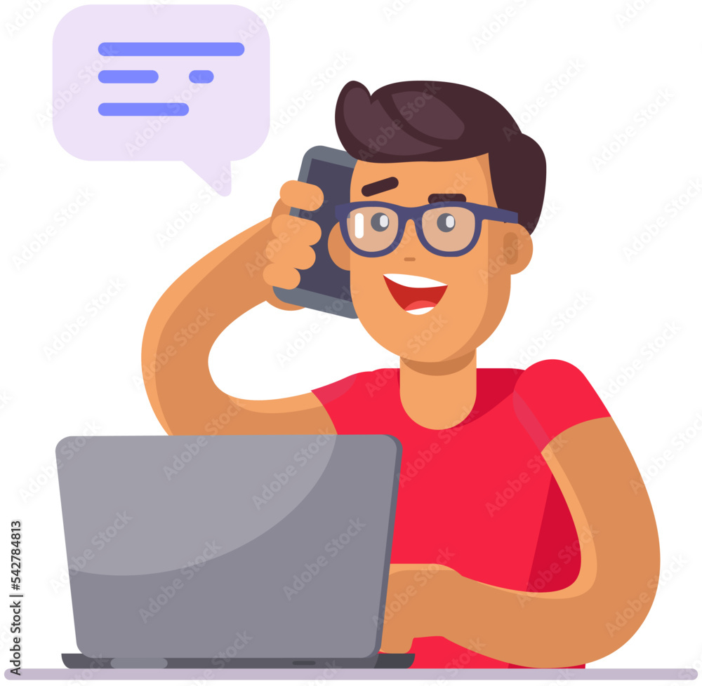 Poster man sitting with laptop and smartphone. manager typing on computer and talking on phone. office empl