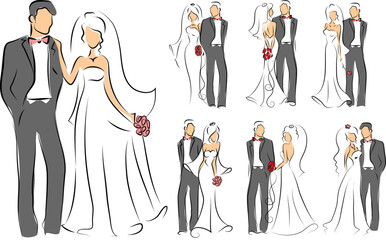 Marriage couple. Just married couples, wedding dancing and weddings celebration. Newlywed bride and groom, marriage ceremony or new husband and wife family. Vector illustration