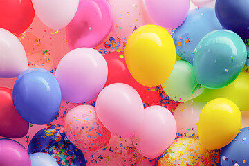 Backdrop Hintergrund Ballon Luftballon für eine Party Geburtstag Silvester bunt mit Luftschlangen für eine Party oder Karneval 3D Rendering Illustration AI Digital - obrazy, fototapety, plakaty