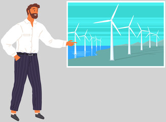 Manager presenting project of wind power plant and factory. Wind turbines. Presentation at exhibition with green energy industrial concept. Wind power station background. Renewable energy sources