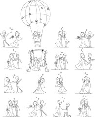 Doodle wedding set for invitation cards, including template design decorative elements - flowers, bride, groom, church, hearts