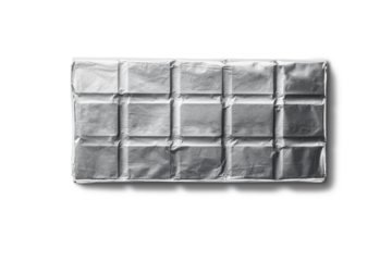 Top view of milk chocolate bar in foil. Isolated on white background