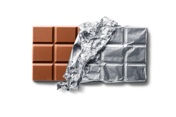 Top view of milk chocolate bar in foil. Isolated on white background