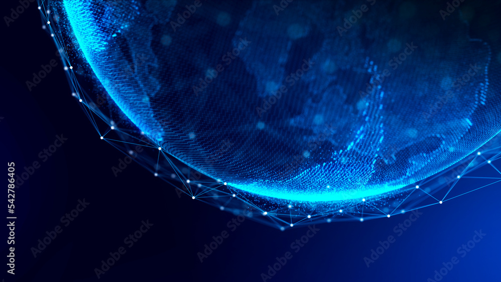 Poster global world network and telecommunication on earth. internet revolves around the earth .3d renderin