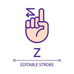 Signing letter Z in ASL pixel perfect RGB color icon. American nonverbal language. Dealing with deafness. Isolated vector illustration. Simple filled line drawing. Editable stroke. Arial font used