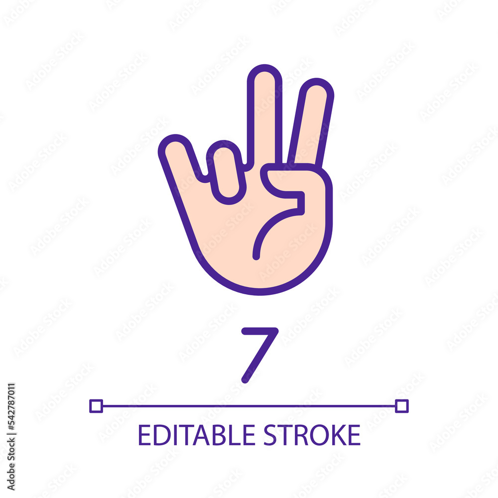 Poster digit seven sign in asl pixel perfect rgb color icon. number visual modality. communication way. iso