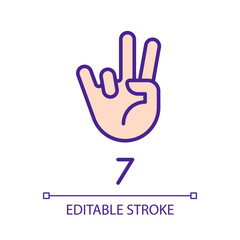 Digit seven sign in ASL pixel perfect RGB color icon. Number visual modality. Communication way. Isolated vector illustration. Simple filled line drawing. Editable stroke. Arial font used