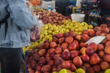 Buying fresh organic produce at the farmers' market. A woman chooses fresh herbs, vegetables and fruits at a food fair.