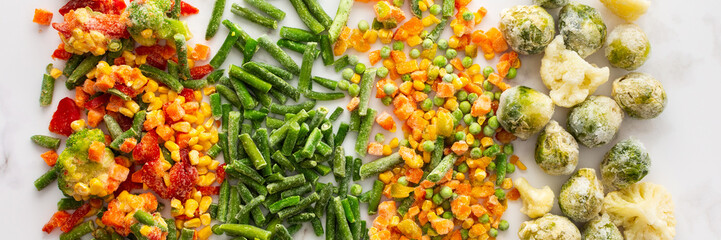 Frozen vegetable mix banner, frozen green beans and broccoli, corn and carrots, brussels sprouts...
