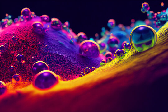 Oil drops in water. Abstract chemistry psychedelic pattern image rainbow colored. Abstract background with colorful gradient colors.