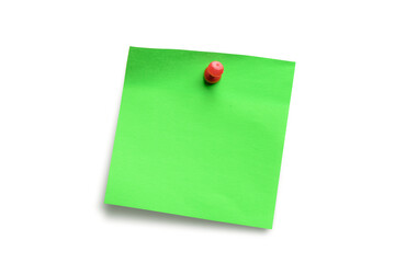 Green paper note pad attached with push pin isolated