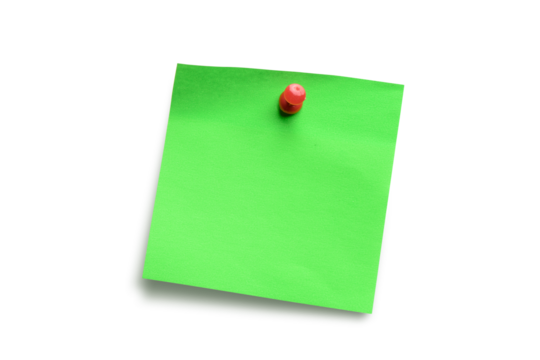 Green paper note pad attached with push pin isolated