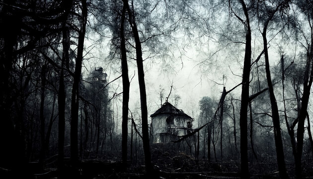 Creepy forest with abstract house black and white digital painting with tall old, weathered cabin in the background and tall mysterious horror forest with fog fairy tale place