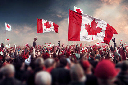 Generic unrecognizable crowds cheering or demonstrating with waving Canada flags. Digitally generated rendering and Not based on any actual scene or reference image