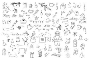 Christmas doodles set vector illustration, hand drawing