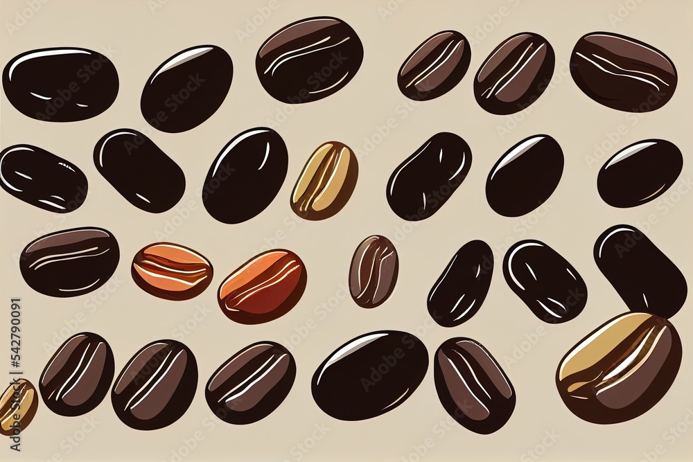Poster  a bunch of different types of coffee beans on a table top with a brown background and a white border. Generative AI