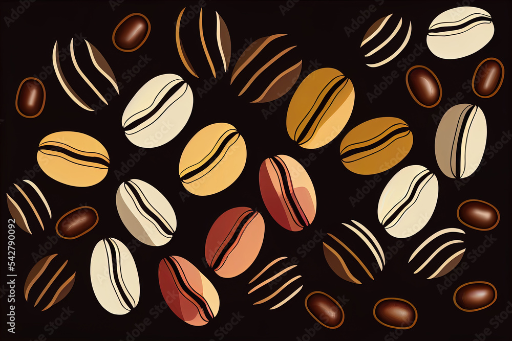 Poster  a drawing of a group of beans on a beige background with a black outline of the beans and the beans.  a bunch of different types of coffee beans on a table top with a brown Generative AI