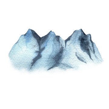 Iced rocks, Watercolour illustration of Winter landscape view, wild nature with mountains and trees. Indigo blue snowing mountains isolated on white.