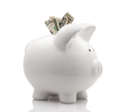 White piggy bank with money isolated on white background