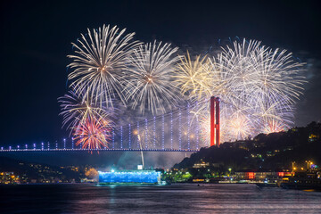 Istanbul, Ortakoy, Turkey - 29 October 2022: Fireworks over Bosphorus in Istanbul during October 29th celebrations.