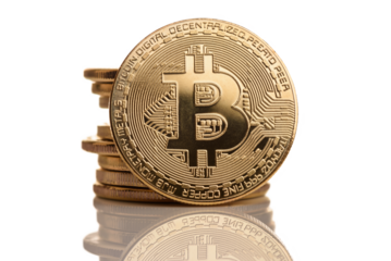 Macro shot of crypto currency gold Bitcoin coins isolated